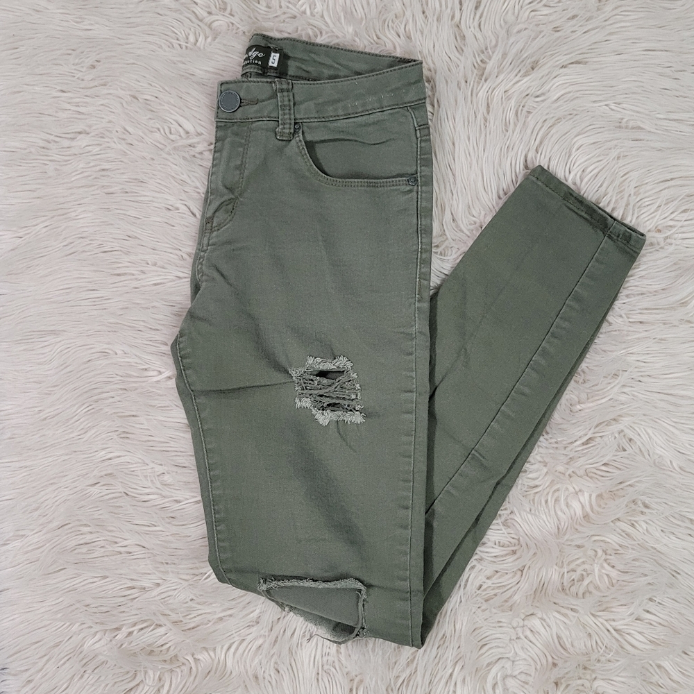 Olive Green Distressed Skinny Jeans Size 5